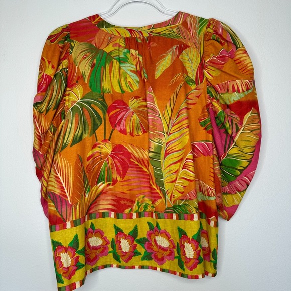 Rachel Roy Linen Blend Top Size M Floral‎ Tropical Colorful Beaded Tassels - Picture 2 of 11